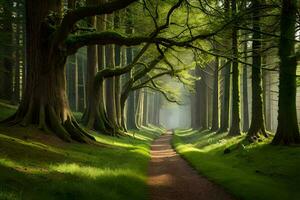 ein Pfad durch ein Wald mit Bäume und Gras. KI-generiert foto