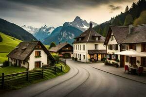 ein Straße im das Berge mit Häuser und Berge im das Hintergrund. KI-generiert foto