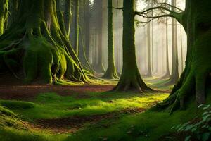 das Sonne scheint durch das Bäume im ein Wald. KI-generiert foto