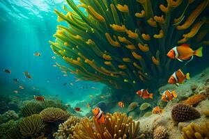 Anemonen und Clown Fisch Schwimmen im das Ozean. KI-generiert foto