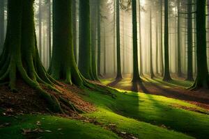 das Sonne scheint durch das Bäume im ein Wald. KI-generiert foto