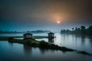 ein Haus sitzt auf das Kante von ein Fluss mit ein voll Mond im das Himmel. KI-generiert foto