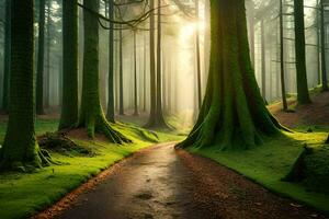 ein Pfad durch ein Wald mit Bäume und Sonnenlicht. KI-generiert foto