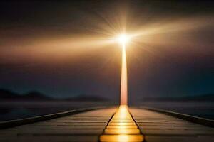 ein lange hölzern Seebrücke mit ein Licht leuchtenden auf Es. KI-generiert foto