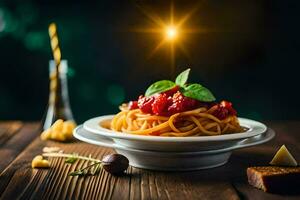 Spaghetti mit Tomate Soße und Basilikum auf ein Platte. KI-generiert foto