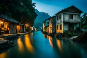 ein Fluss im das Mitte von ein Dorf beim Nacht. KI-generiert foto