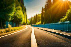 ein Straße mit Bäume und Sonne leuchtenden im das Hintergrund. KI-generiert foto