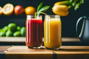 zwei Brille von Saft auf ein hölzern Tisch. KI-generiert foto