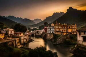 Foto Hintergrund das Himmel, Berge, Fluss, Gebäude, Sonnenuntergang, Indien, das Stadt,. KI-generiert