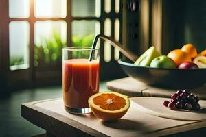 ein Glas von Saft sitzt auf ein Tabelle Nächster zu Frucht. KI-generiert foto