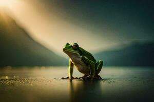 ein Frosch Sitzung auf das Boden im Vorderseite von ein Berg. KI-generiert foto