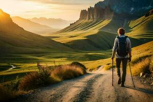 ein Mann mit Wanderung Stangen Gehen auf ein Schmutz Straße im das Berge. KI-generiert foto