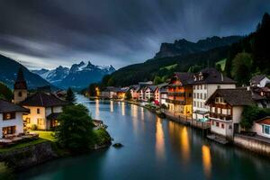 ein Fluss läuft durch ein Stadt, Dorf beim Nacht. KI-generiert foto