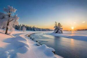 Foto Hintergrund das Himmel, Schnee, Bäume, Fluss, Sonne, Winter, das Winter, Die. KI-generiert