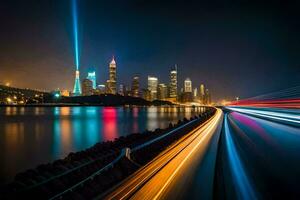 ein lange Exposition fotografieren von ein Stadt Horizont beim Nacht. KI-generiert foto