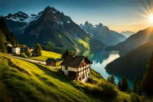 das Sonne steigt an Über das Berge und See im diese schön Landschaft. KI-generiert foto