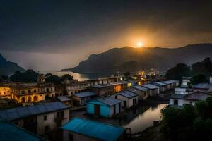 das Sonne setzt Über ein Dorf im Indien. KI-generiert foto