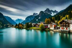 ein See und Berg Angebot im das Hintergrund. KI-generiert foto