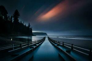 ein lange Seebrücke mit ein dunkel Himmel und ein Strand. KI-generiert foto