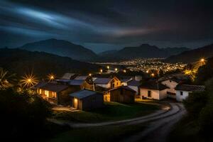 ein klein Stadt, Dorf im das Berge beim Nacht. KI-generiert foto
