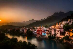 Foto Hintergrund das Himmel, Fluss, Berge, Indien, das Stadt, das Sonnenuntergang, Die. KI-generiert