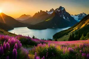 das Sonne steigt an Über das Berge und See im diese schön Landschaft. KI-generiert foto