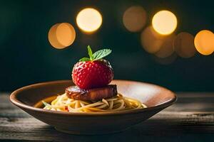 ein Teller von Spaghetti mit ein Erdbeere auf oben. KI-generiert foto