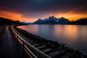 ein lange Brücke Über Wasser mit Berge im das Hintergrund. KI-generiert foto