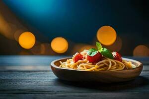 Spaghetti mit frisch Erdbeeren auf ein hölzern Tisch. KI-generiert foto