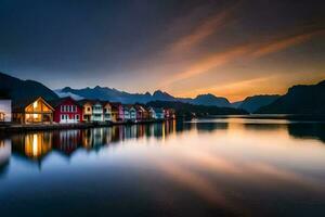 Foto Hintergrund das Himmel, Berge, Wasser, Häuser, Sonnenuntergang, Norwegen, Lofot. KI-generiert