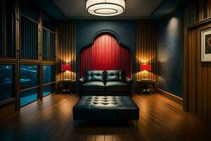 ein Zimmer mit ein Leder Couch und rot Vorhänge. KI-generiert foto