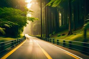 ein Straße im das Wald mit Bäume und Sonne. KI-generiert foto