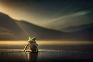 ein Frosch Sitzung auf das Boden im Vorderseite von ein Berg. KI-generiert foto