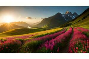 ein schön Rosa Feld mit Berge im das Hintergrund. KI-generiert foto