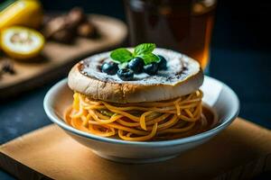 Spaghetti mit Blaubeeren und ein Glas von Wein. KI-generiert foto