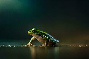 ein Frosch Sitzung auf das Boden im das dunkel. KI-generiert foto