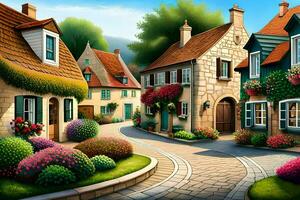 ein Gemälde von ein klein Stadt, Dorf mit Blumen und Häuser. KI-generiert foto