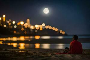 ein Mann Sitzung auf das Strand beim Nacht mit ein voll Mond im das Hintergrund. KI-generiert foto