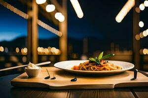 ein Teller von Pasta und Soße auf ein hölzern Tisch. KI-generiert foto