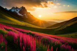 das Sonne steigt an Über ein Feld von Rosa Blumen und Berge. KI-generiert foto