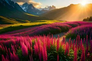 das Sonne scheint Über ein Feld von Rosa Blumen. KI-generiert foto