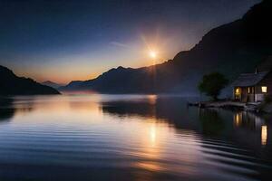 ein klein Kabine sitzt auf das Ufer von ein See beim Sonnenuntergang. KI-generiert foto