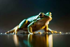 ein Frosch Sitzung auf das Boden mit ein dunkel Hintergrund. KI-generiert foto