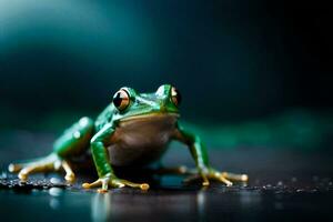 ein Frosch ist Sitzung auf das Boden mit es ist Augen offen. KI-generiert foto