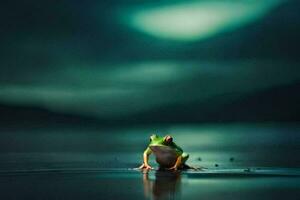 ein Frosch Sitzung auf das Wasser beim Nacht. KI-generiert foto