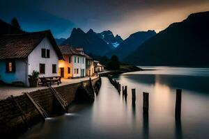 ein Haus sitzt auf das Ufer von ein See beim Dämmerung. KI-generiert foto