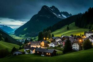 Foto Hintergrund das Himmel, Berge, Dorf, Nacht, das Alpen, Schweiz, Die. KI-generiert