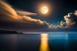das Mond ist leuchtenden hell Über das Wasser. KI-generiert foto