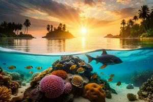 das Sonne setzt Über ein tropisch Ozean mit Koralle Riffe und Fisch. KI-generiert foto
