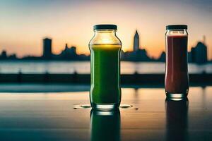 zwei Flaschen von Saft sitzen auf ein Tabelle im Vorderseite von ein Stadt Horizont. KI-generiert foto